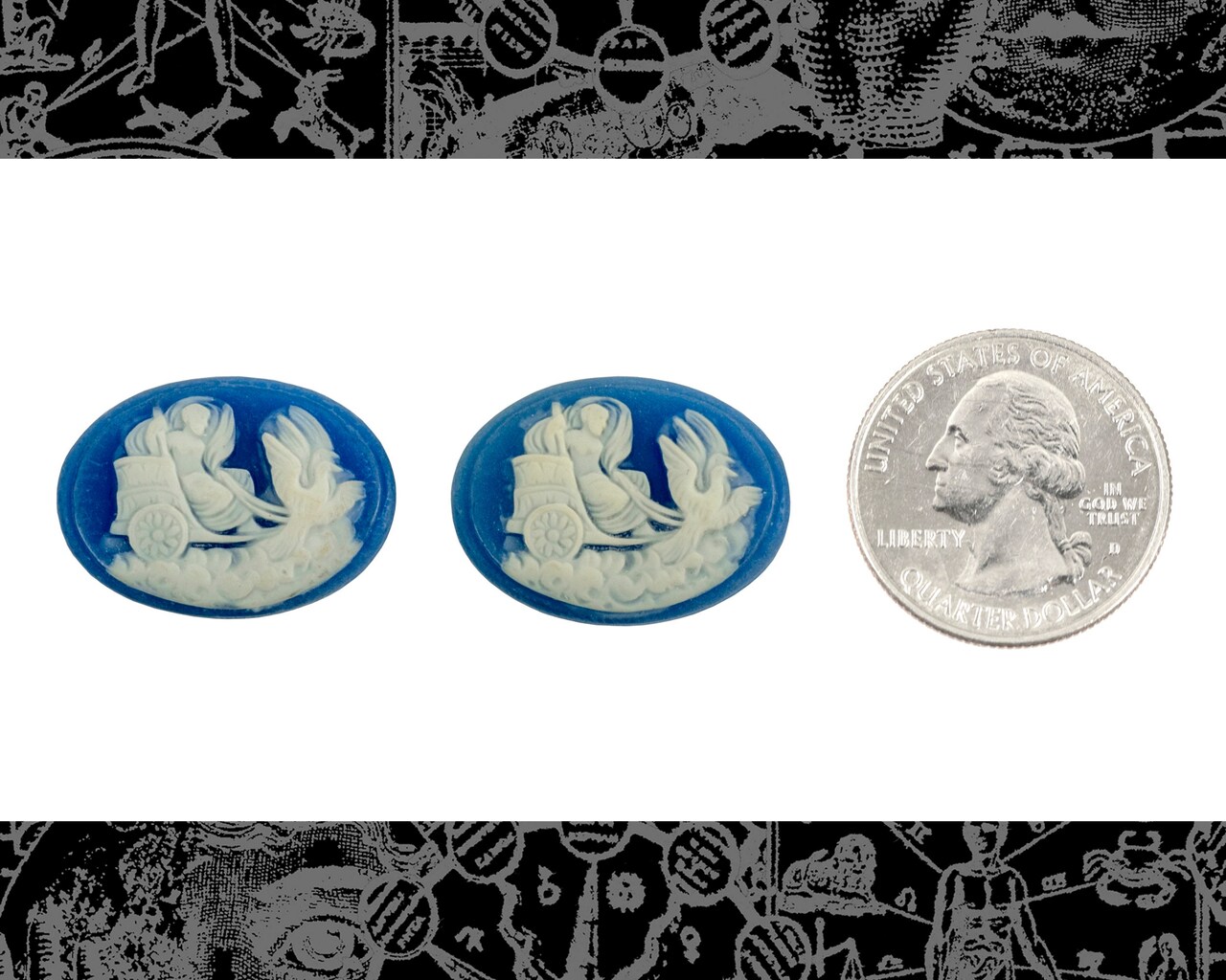 Vintage 24 x 18mm Two Blue and Cream Vintage Birds Pulling a Goddess' Chariot Cameos - Set of Two - XXX - CAM298
